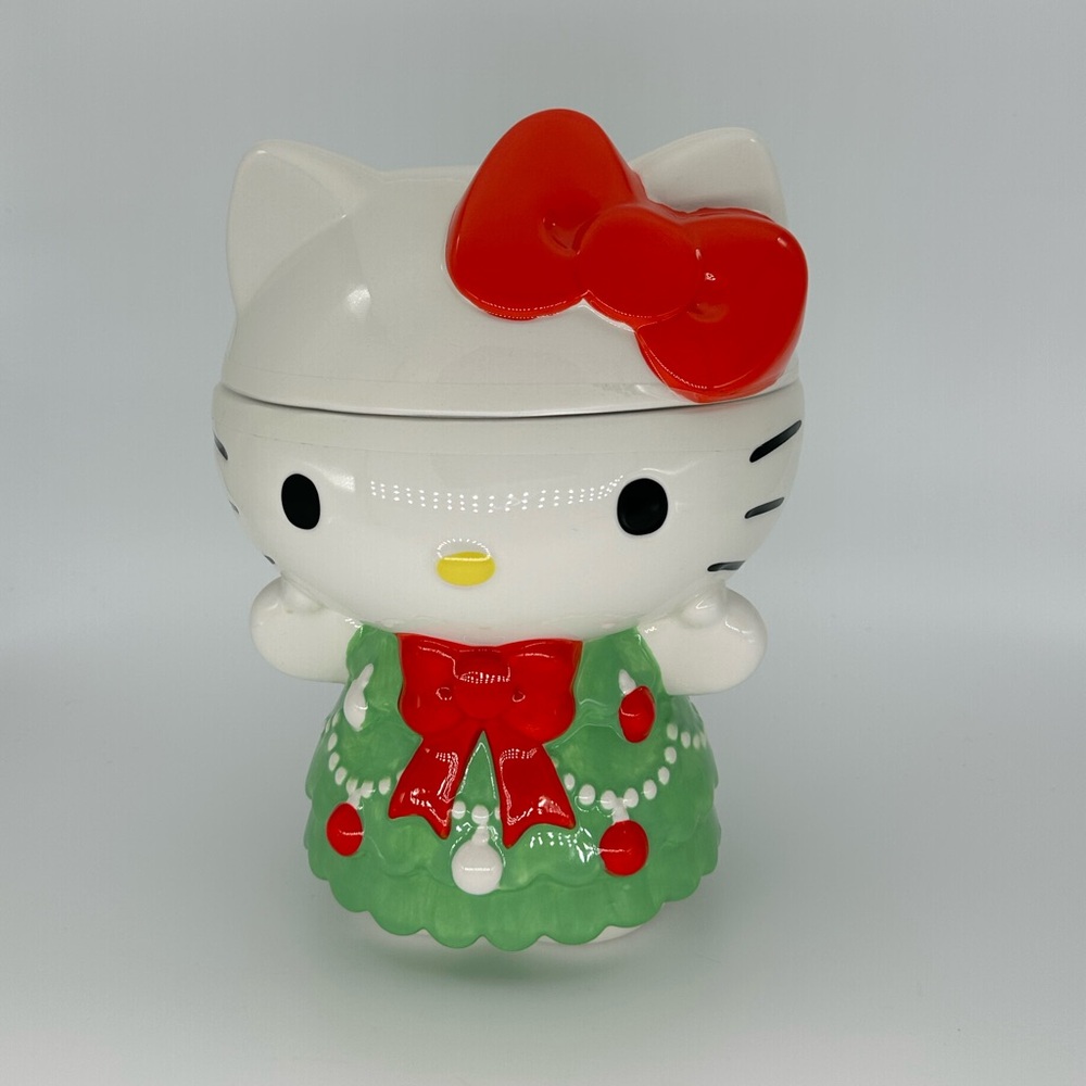 Hello Kitty Ceramic Christmas Tree Dress Cookie Jar NEW 2024 Green White Rare